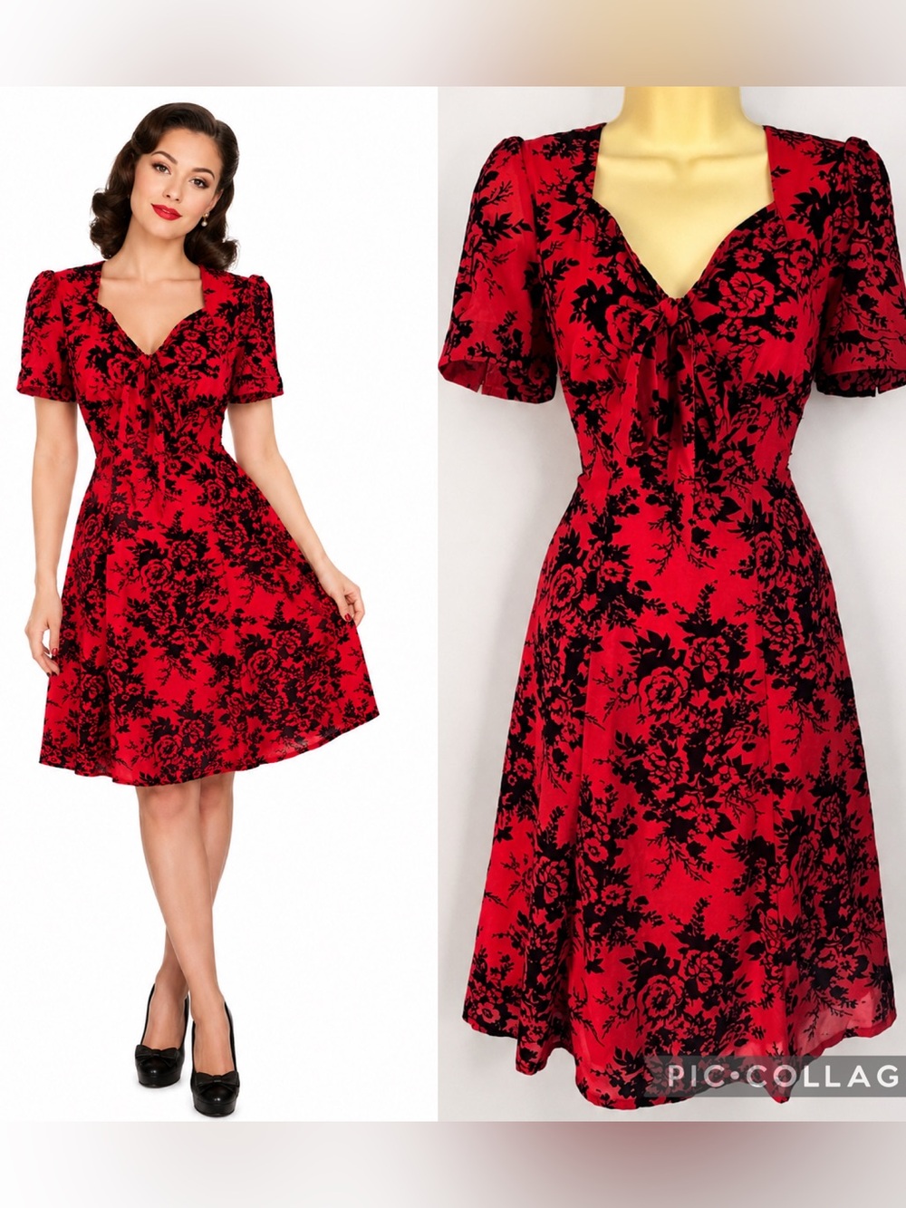 Voodoo Vixen Brittany Dress Red Black Flocked Floral Rockabilly Small 4 like new